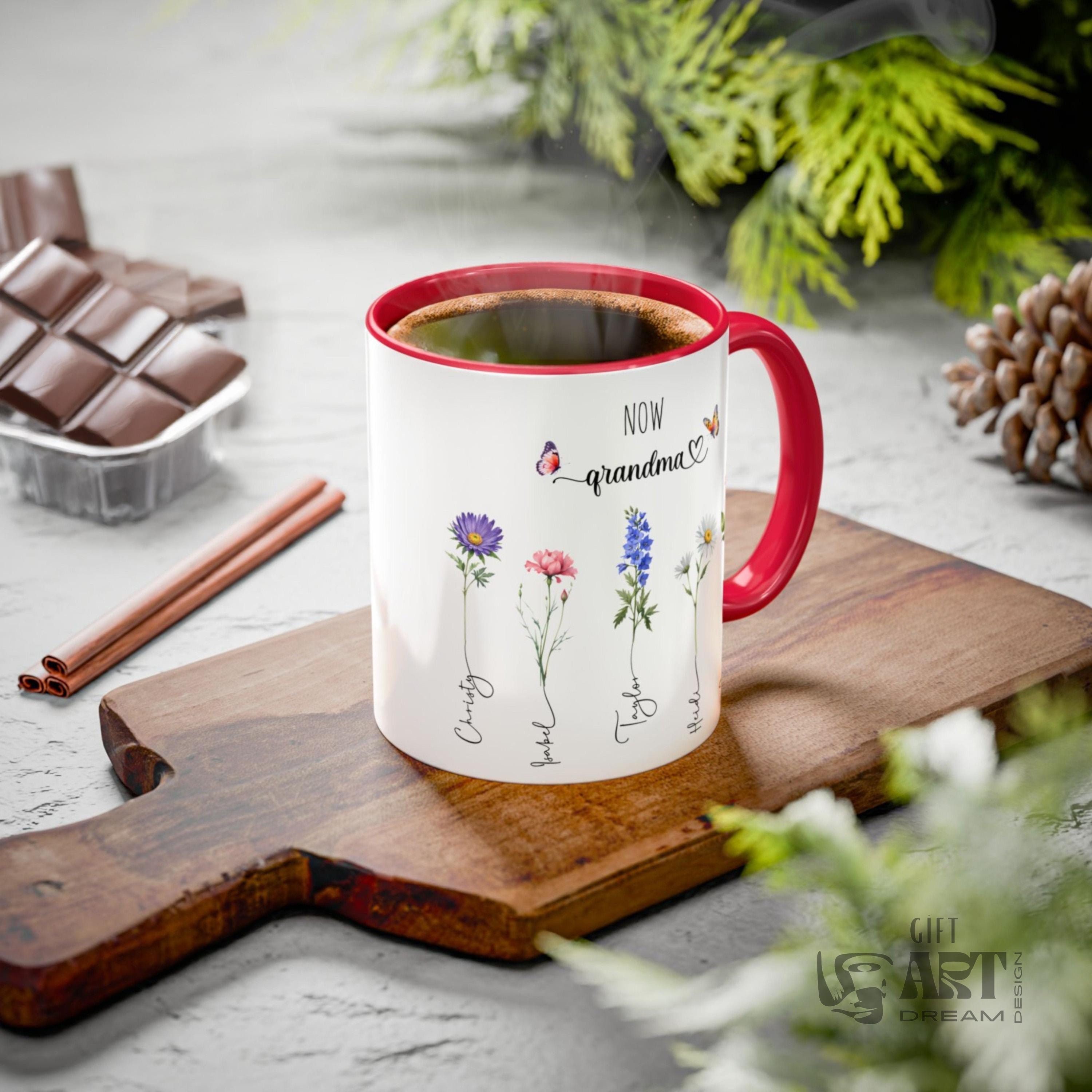 Mother's Day Mug, Custom Family Mug, Flower Mug with Name, Personalized Mug for Moms, Coffee Mug for Mother, 15 Oz Mom Mug