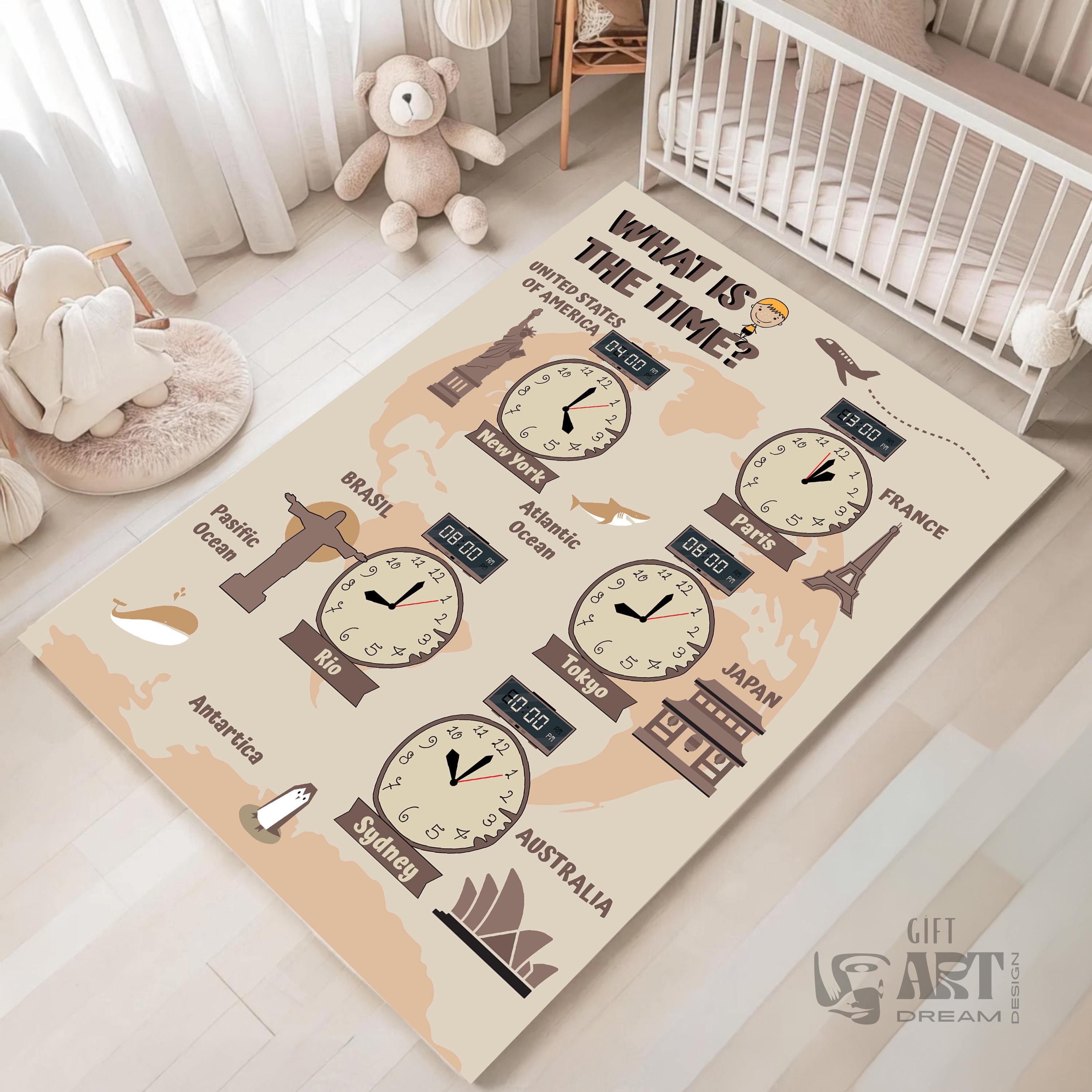Customize Kid Rugs, Educational World Time Zone Rug for Kids, Learn Time Differences. Gift: Ideal for birthdays. Watch Rug for Teens