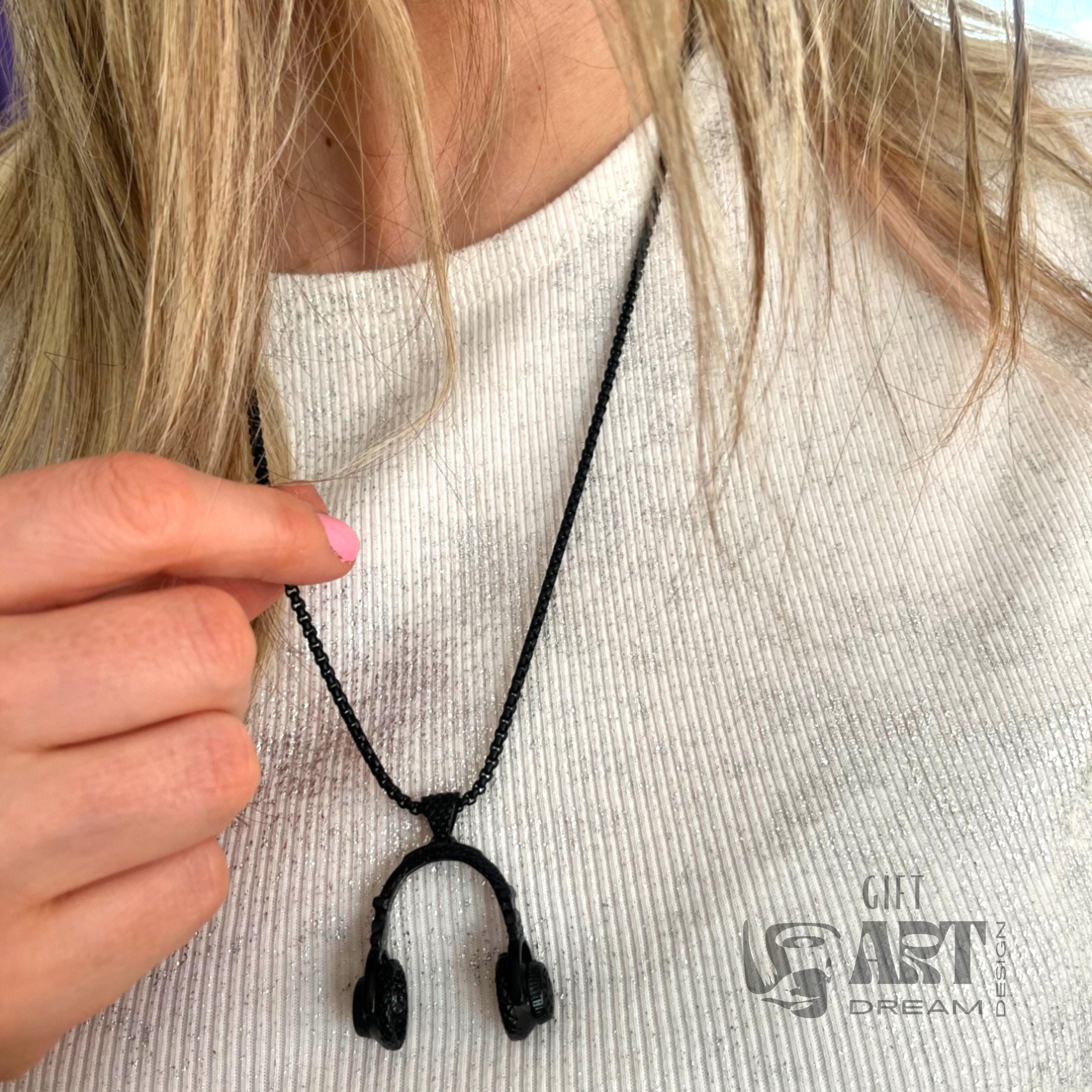 DJ Silver Headset Necklace, Earphone Necklace | DJ Black Music Earphone, Headphone, Headset Pendant | Hip Hop Music Lover Gift