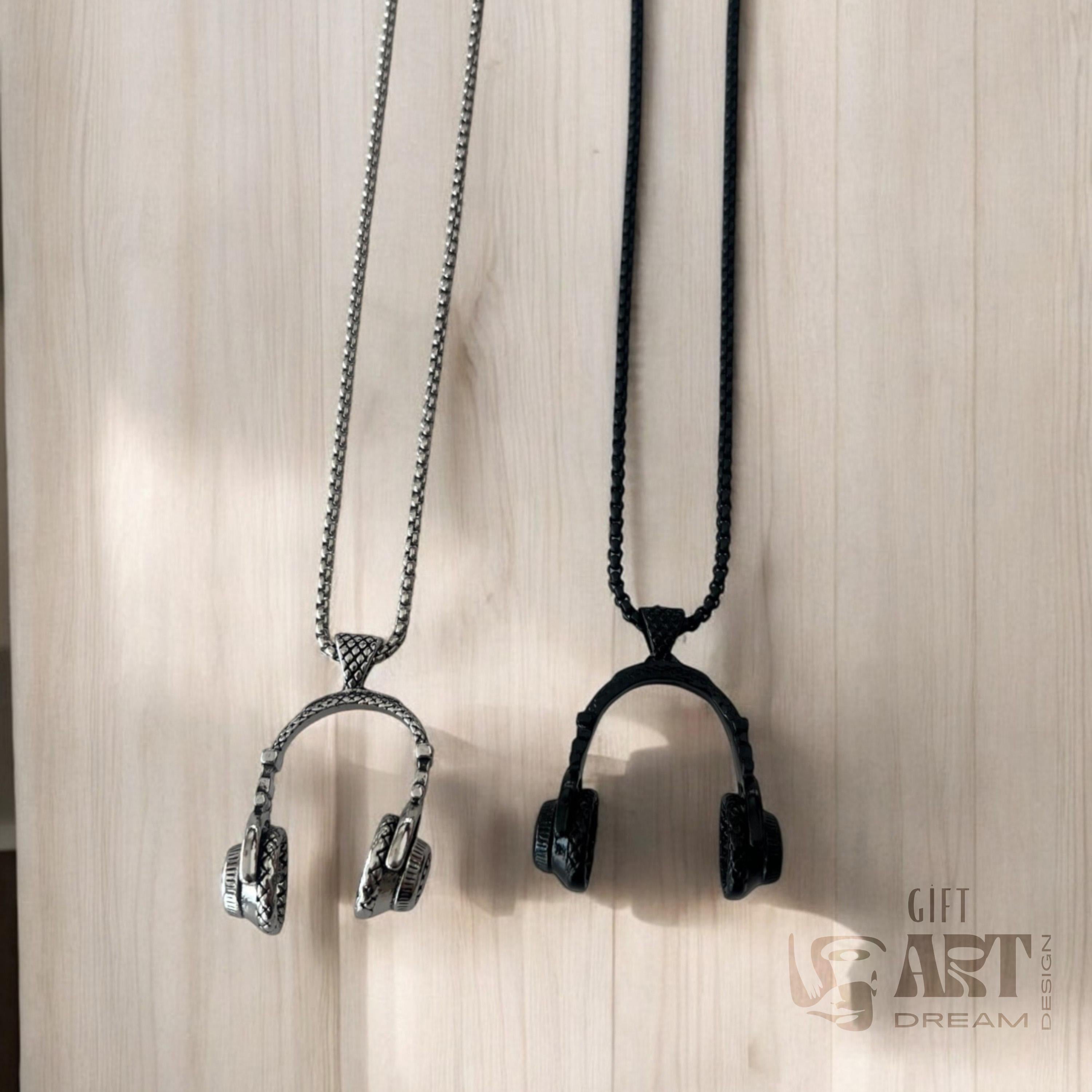 DJ Silver Headset Necklace, Earphone Necklace | DJ Black Music Earphone, Headphone, Headset Pendant | Hip Hop Music Lover Gift