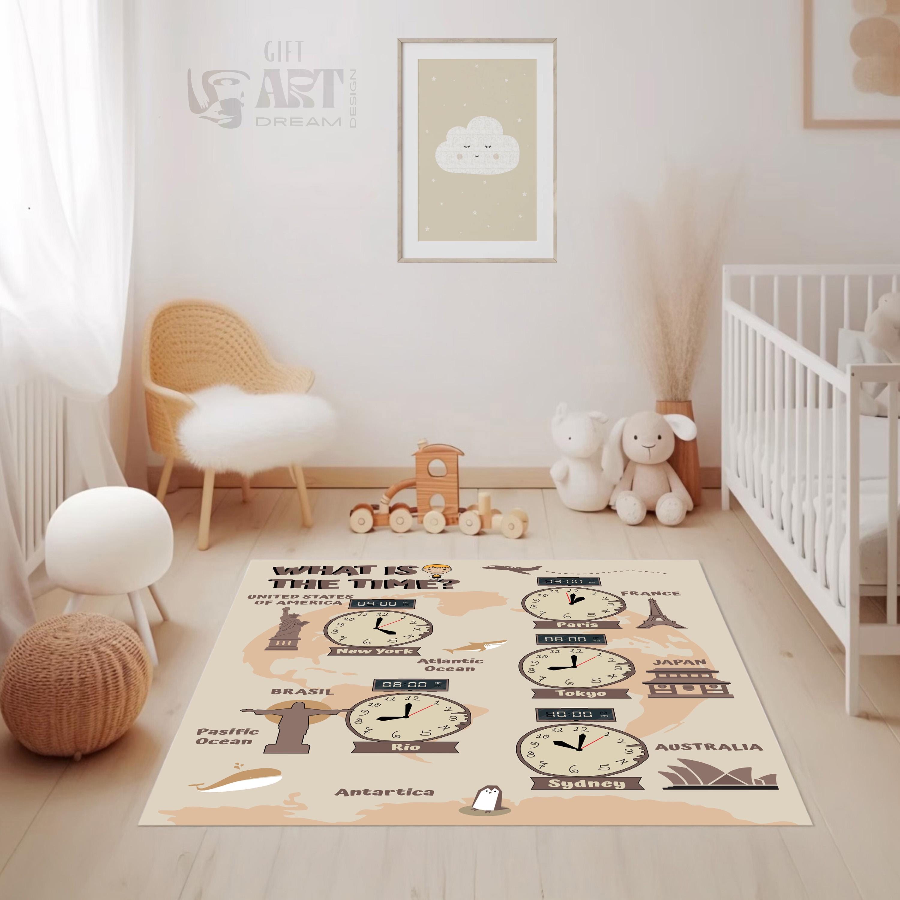 Customize Kid Rugs, Educational World Time Zone Rug for Kids, Learn Time Differences. Gift: Ideal for birthdays. Watch Rug for Teens