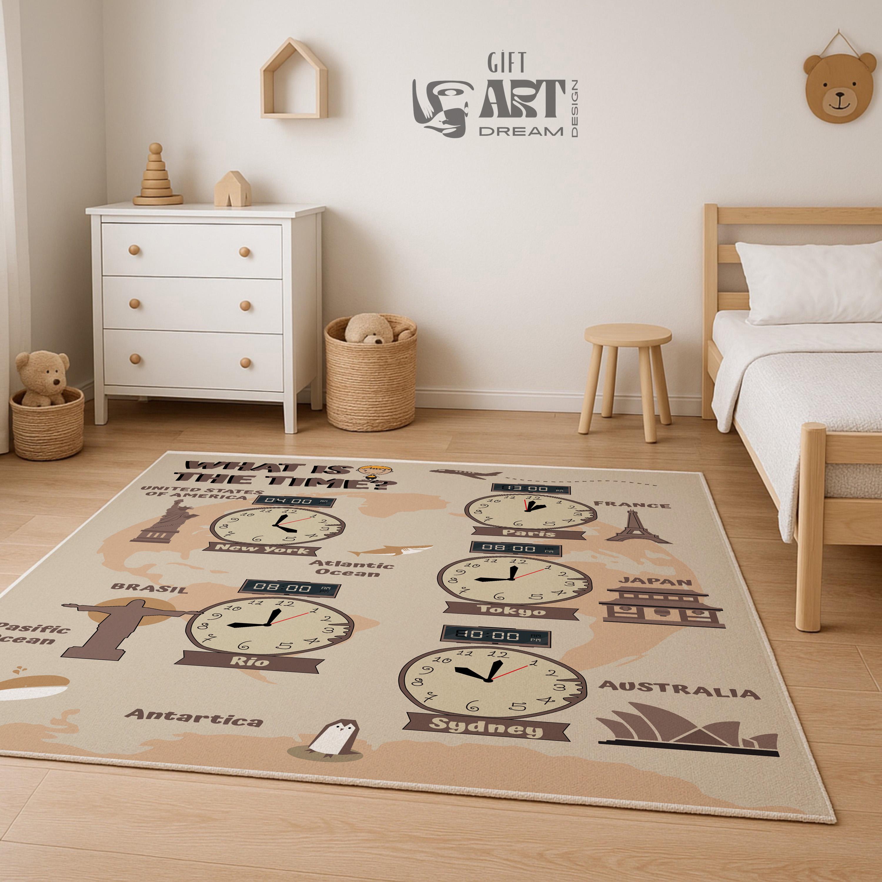 Customize Kid Rugs, Educational World Time Zone Rug for Kids, Learn Time Differences. Gift: Ideal for birthdays. Watch Rug for Teens