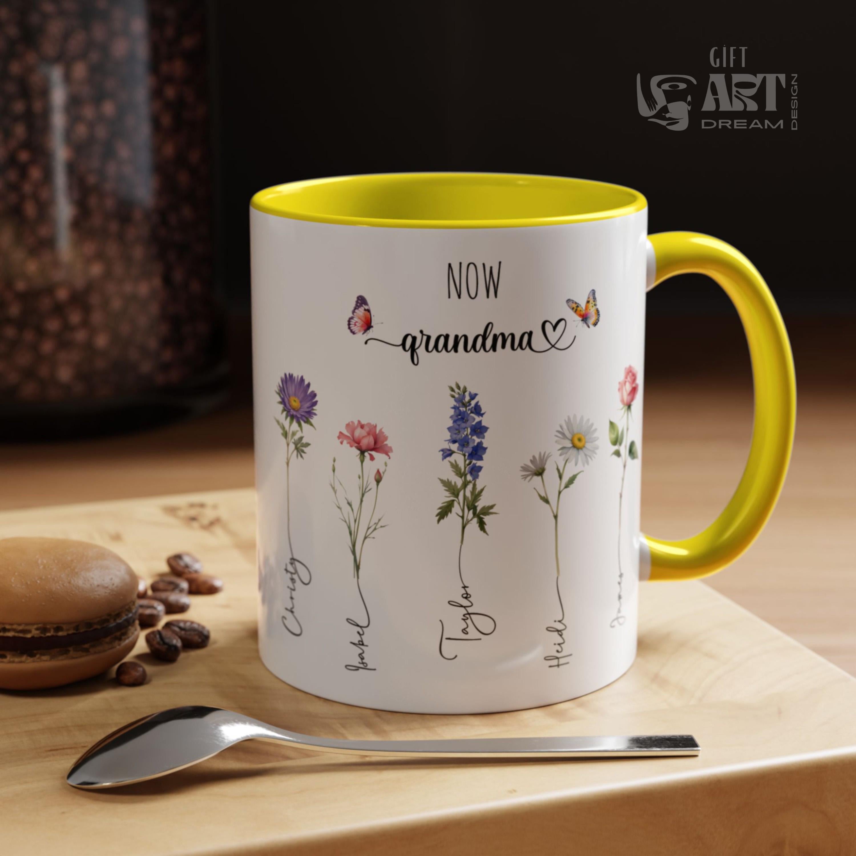Mother's Day Mug, Custom Family Mug, Flower Mug with Name, Personalized Mug for Moms, Coffee Mug for Mother, 15 Oz Mom Mug