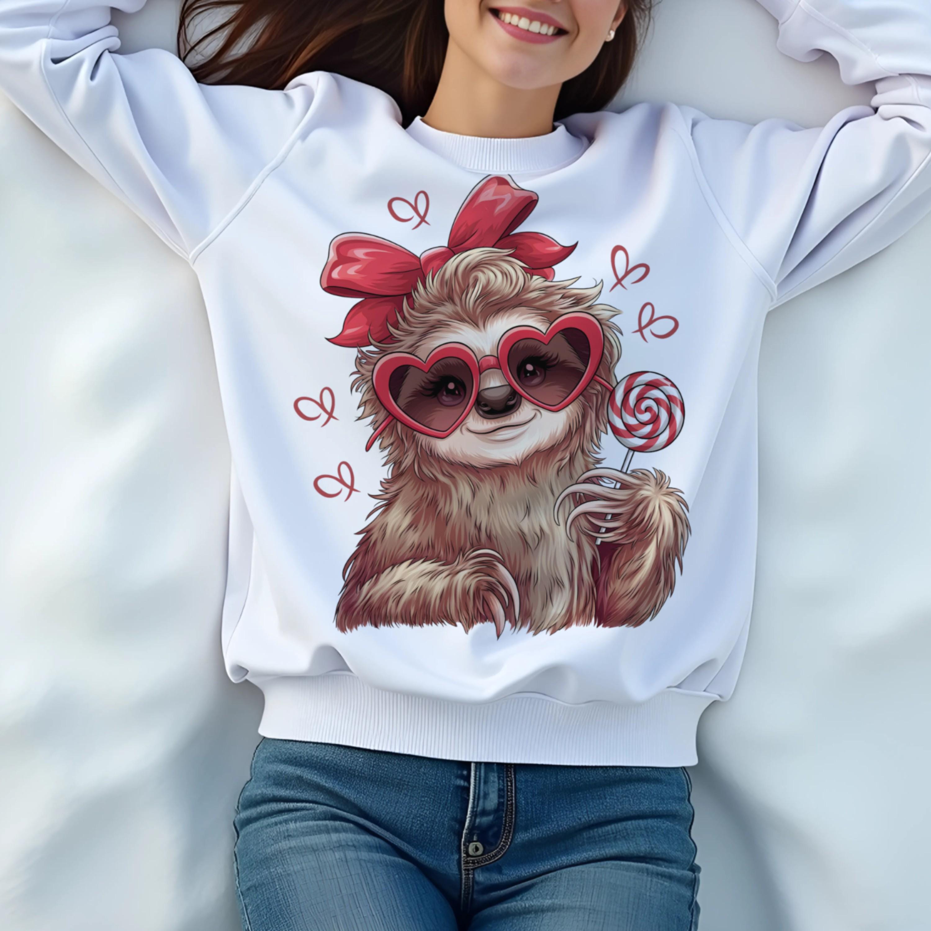 Cute Sloth Valentine's Sweatshirt - Romantic Gift - Heart Sunglasses, Bow & Lollipop Gift Digital PRINTABLE