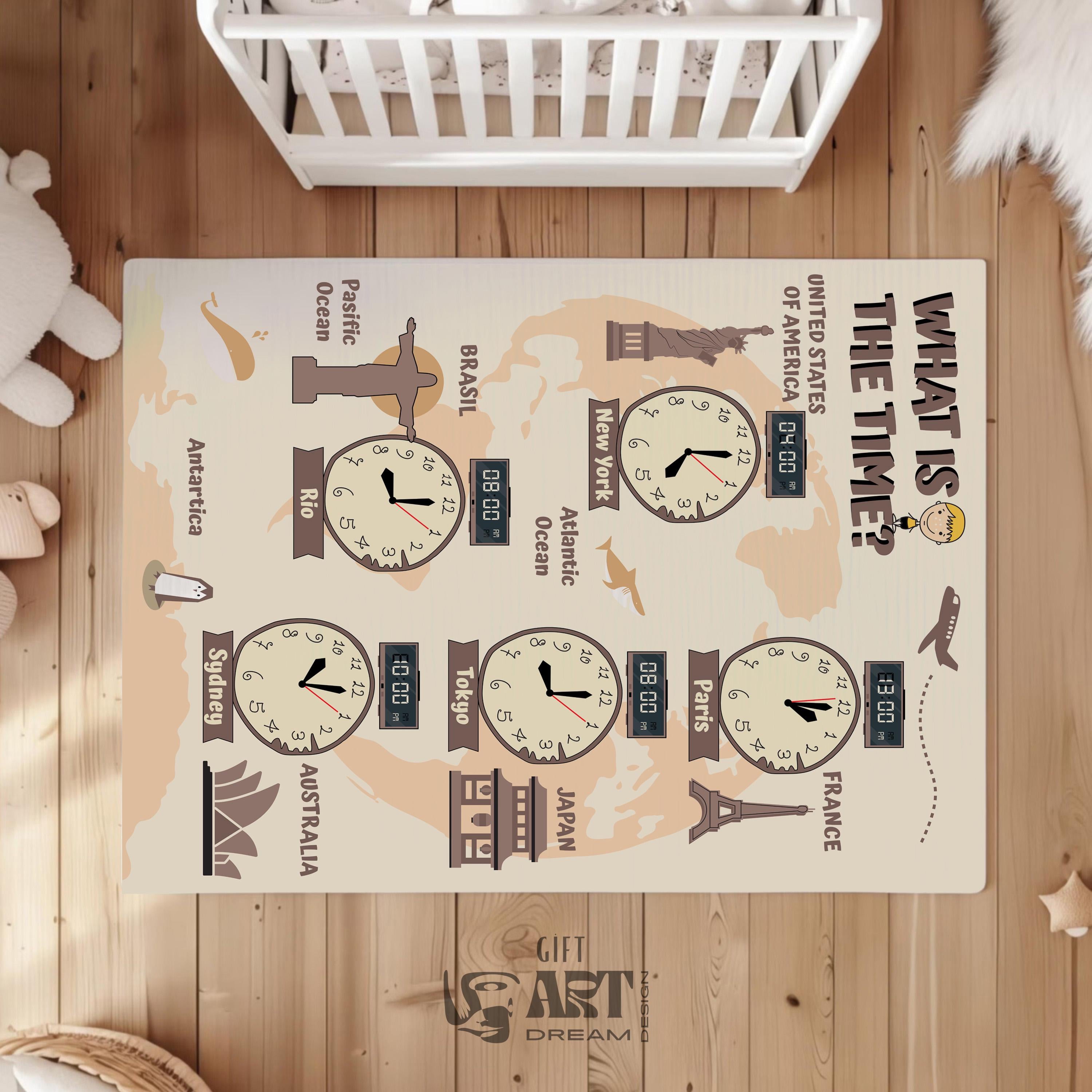 Customize Kid Rugs, Educational World Time Zone Rug for Kids, Learn Time Differences. Gift: Ideal for birthdays. Watch Rug for Teens