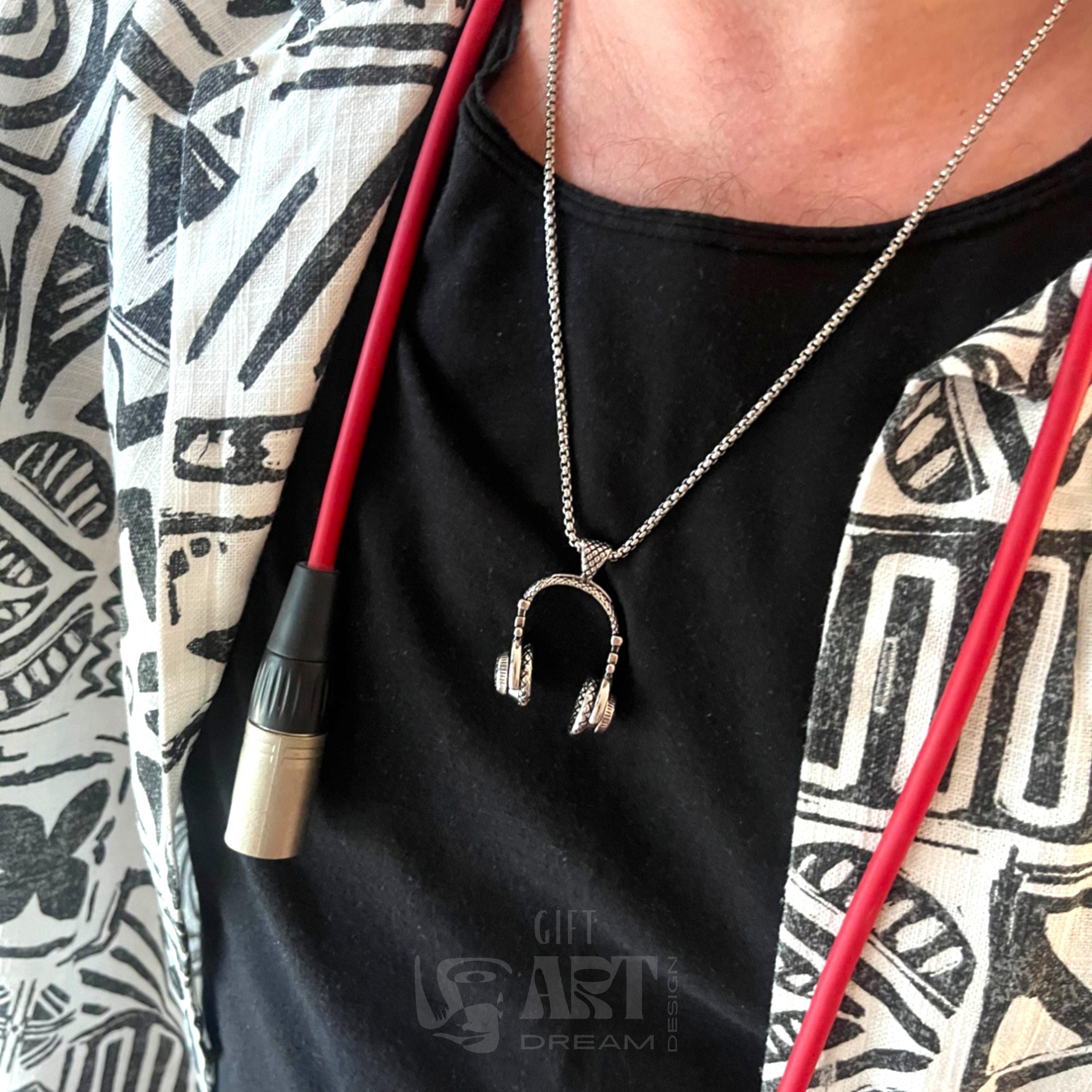 DJ Silver Headset Necklace, Earphone Necklace | DJ Black Music Earphone, Headphone, Headset Pendant | Hip Hop Music Lover Gift