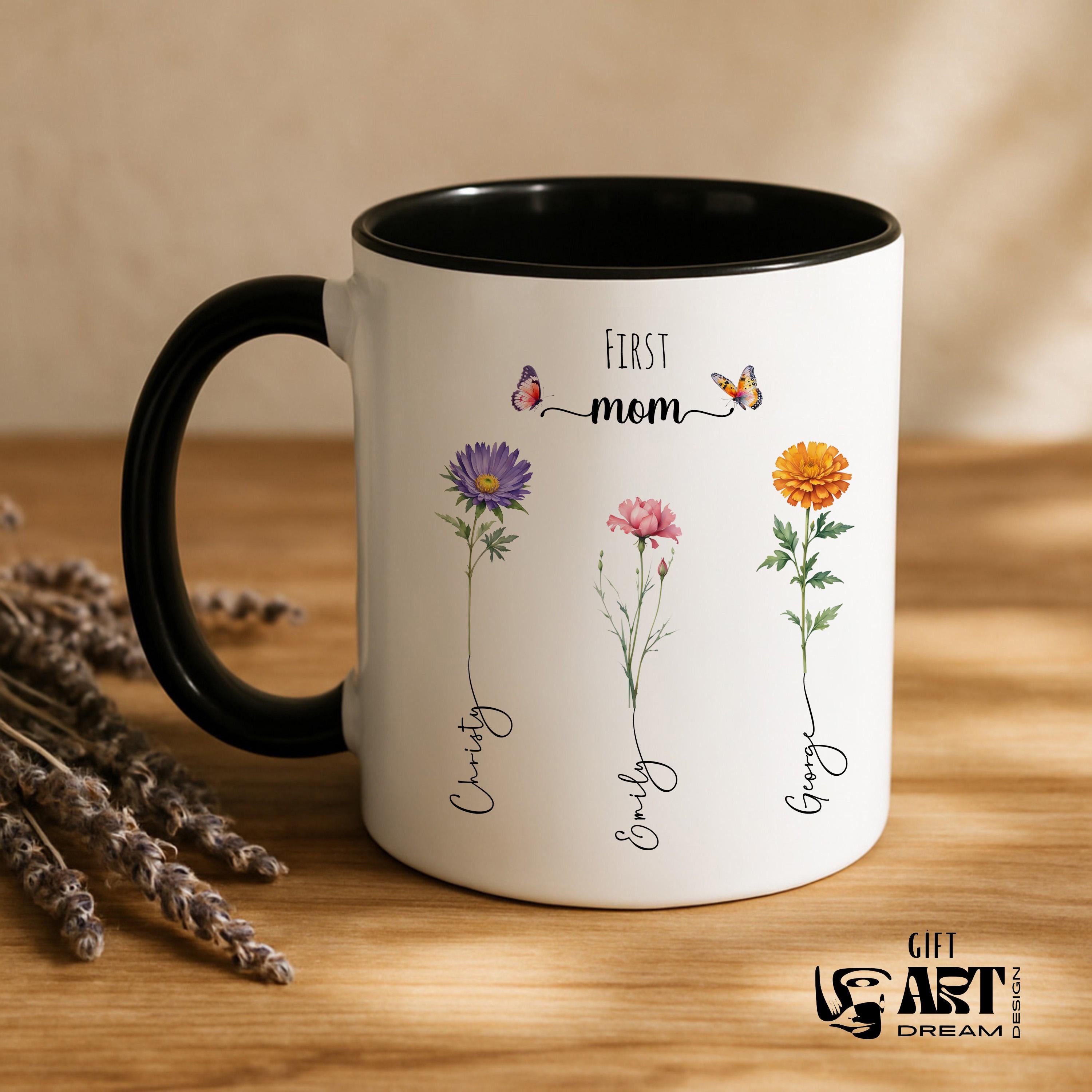 Mother's Day Mug, Custom Family Mug, Flower Mug with Name, Personalized Mug for Moms, Coffee Mug for Mother, 15 Oz Mom Mug