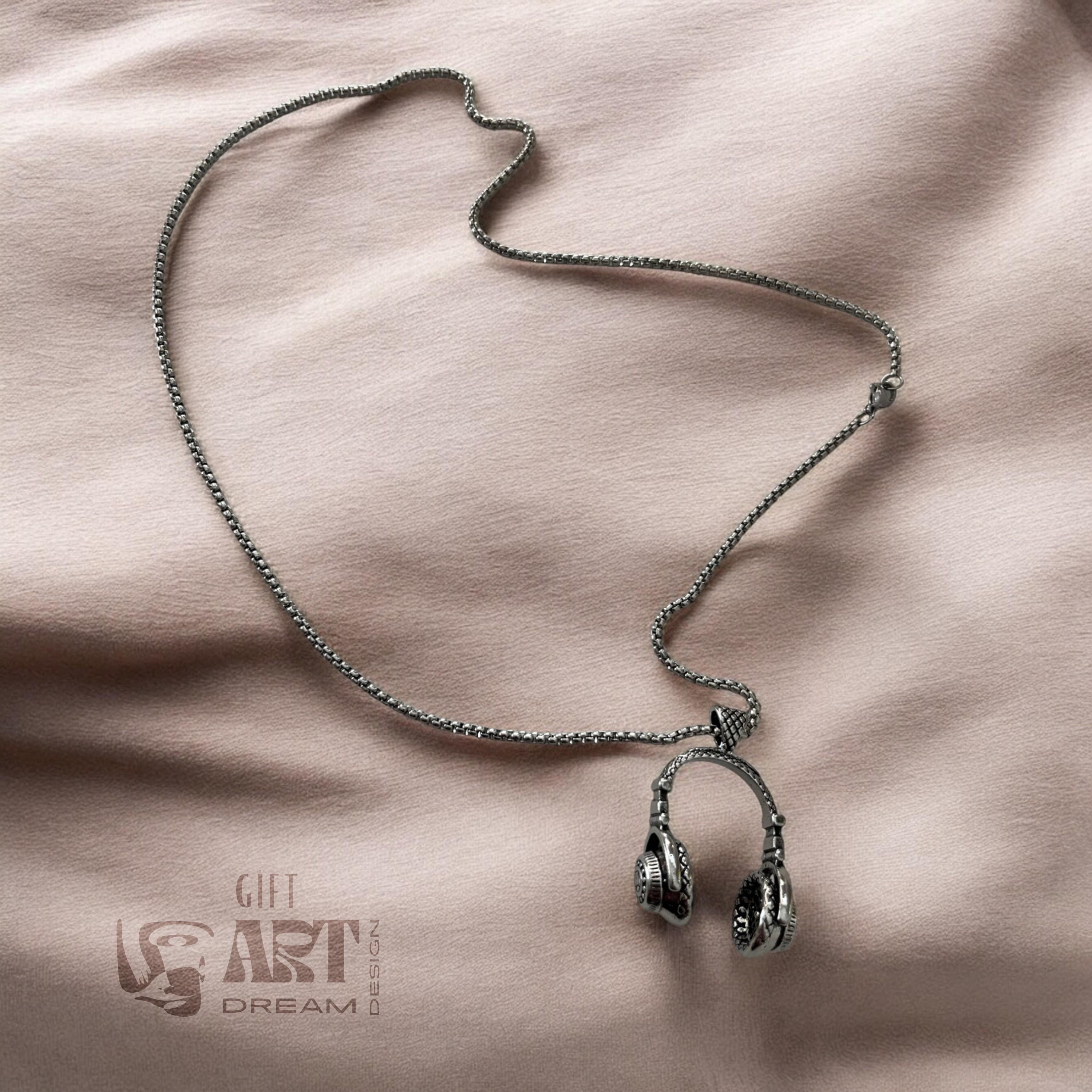 DJ Silver Headset Necklace, Earphone Necklace | DJ Black Music Earphone, Headphone, Headset Pendant | Hip Hop Music Lover Gift