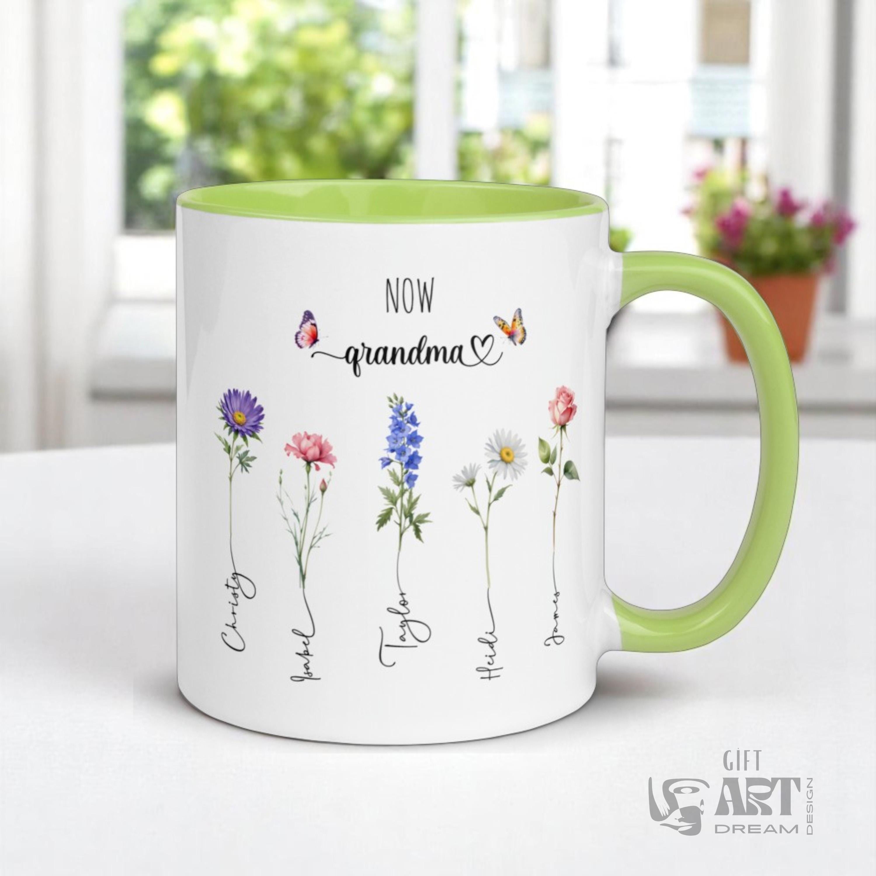 Mother's Day Mug, Custom Family Mug, Flower Mug with Name, Personalized Mug for Moms, Coffee Mug for Mother, 15 Oz Mom Mug