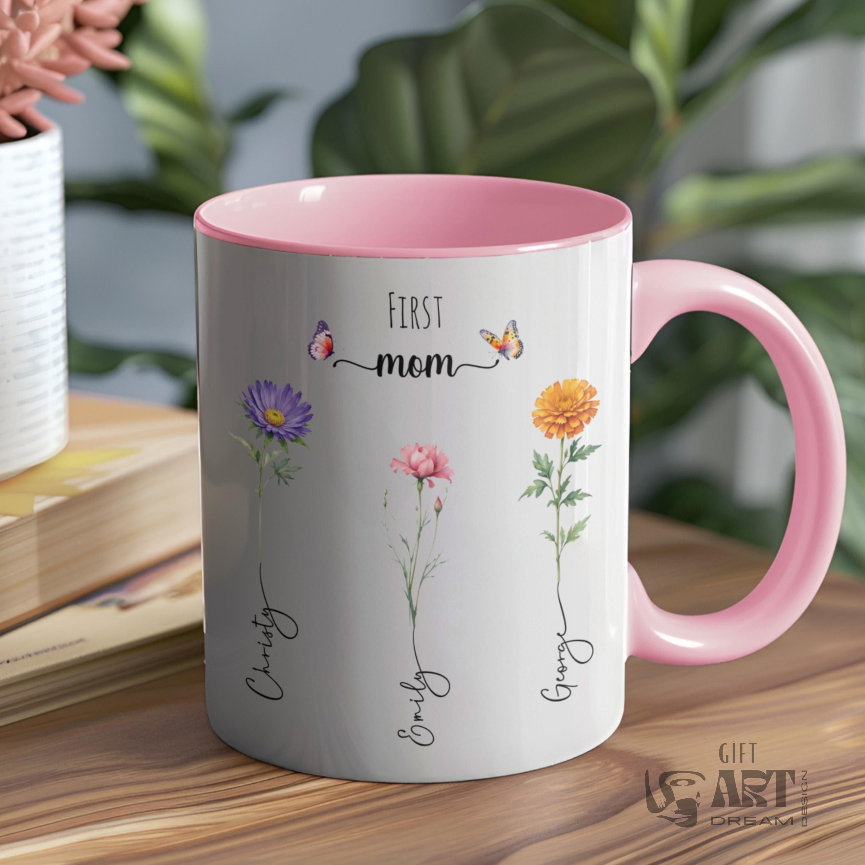Mother's Day Mug, Custom Family Mug, Flower Mug with Name, Personalized Mug for Moms, Coffee Mug for Mother, 15 Oz Mom Mug