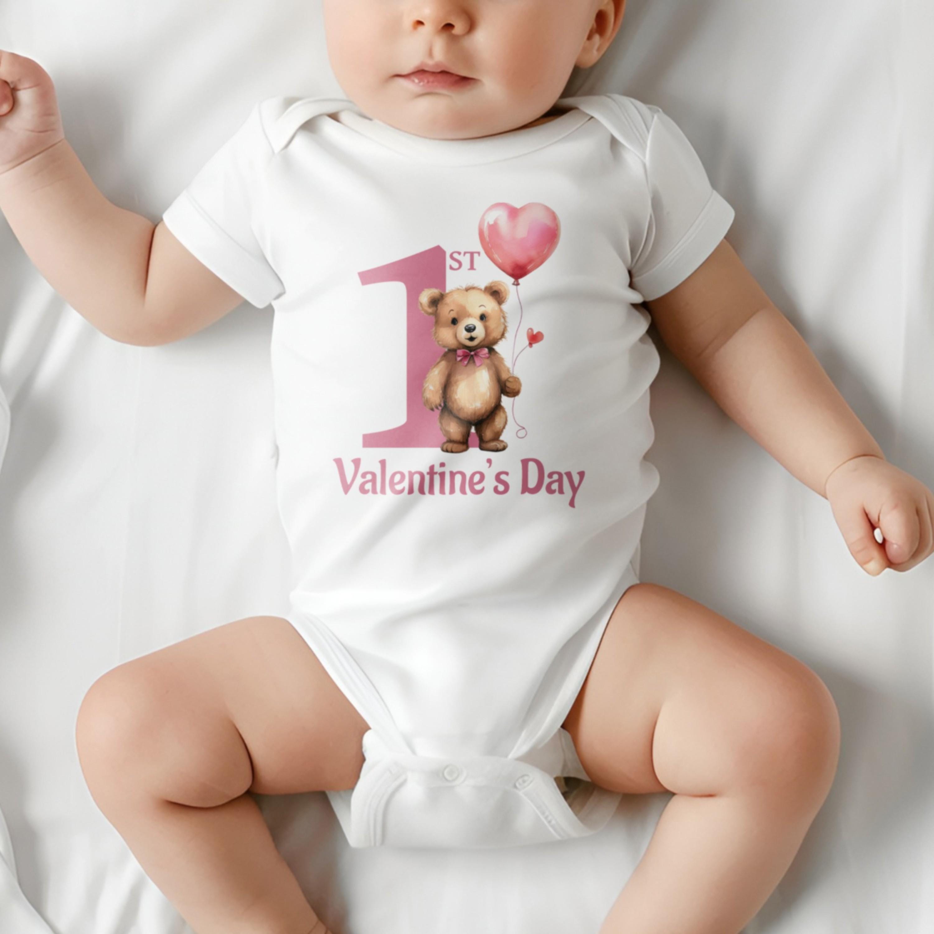 Digital Print 1st Valentine's Day Baby Sleeve, Baby Clothes Valentine Teddy Bear Sublimation Design, Baby's First valentine's T-Shirt