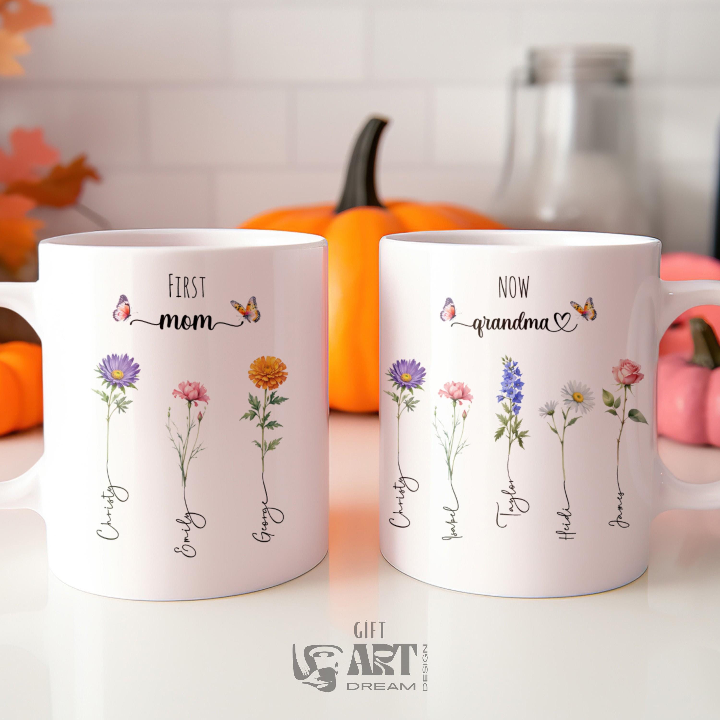 Mother's Day Mug, Custom Family Mug, Flower Mug with Name, Personalized Mug for Moms, Coffee Mug for Mother, 15 Oz Mom Mug