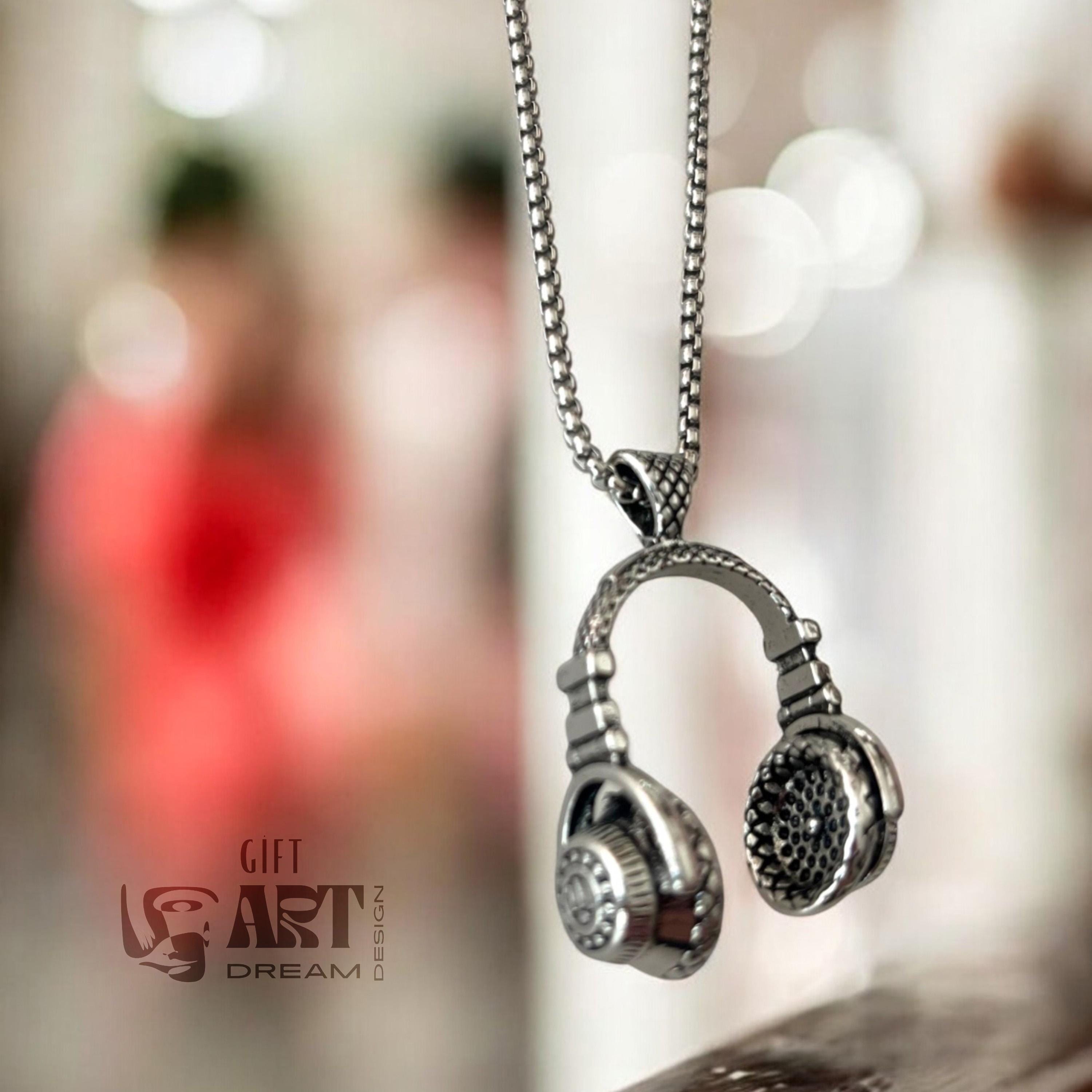 DJ Silver Headset Necklace, Earphone Necklace | DJ Black Music Earphone, Headphone, Headset Pendant | Hip Hop Music Lover Gift