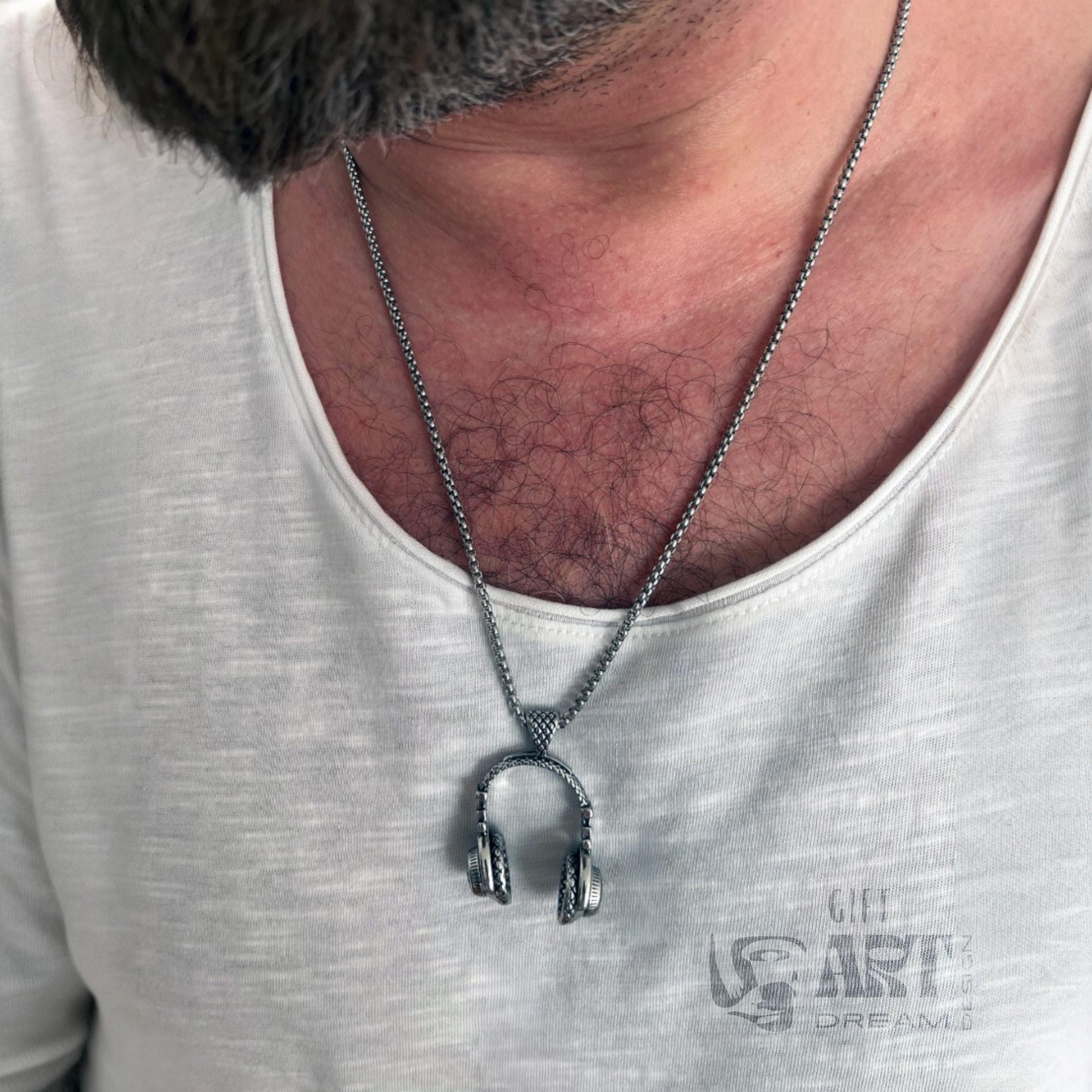 DJ Silver Headset Necklace, Earphone Necklace | DJ Black Music Earphone, Headphone, Headset Pendant | Hip Hop Music Lover Gift