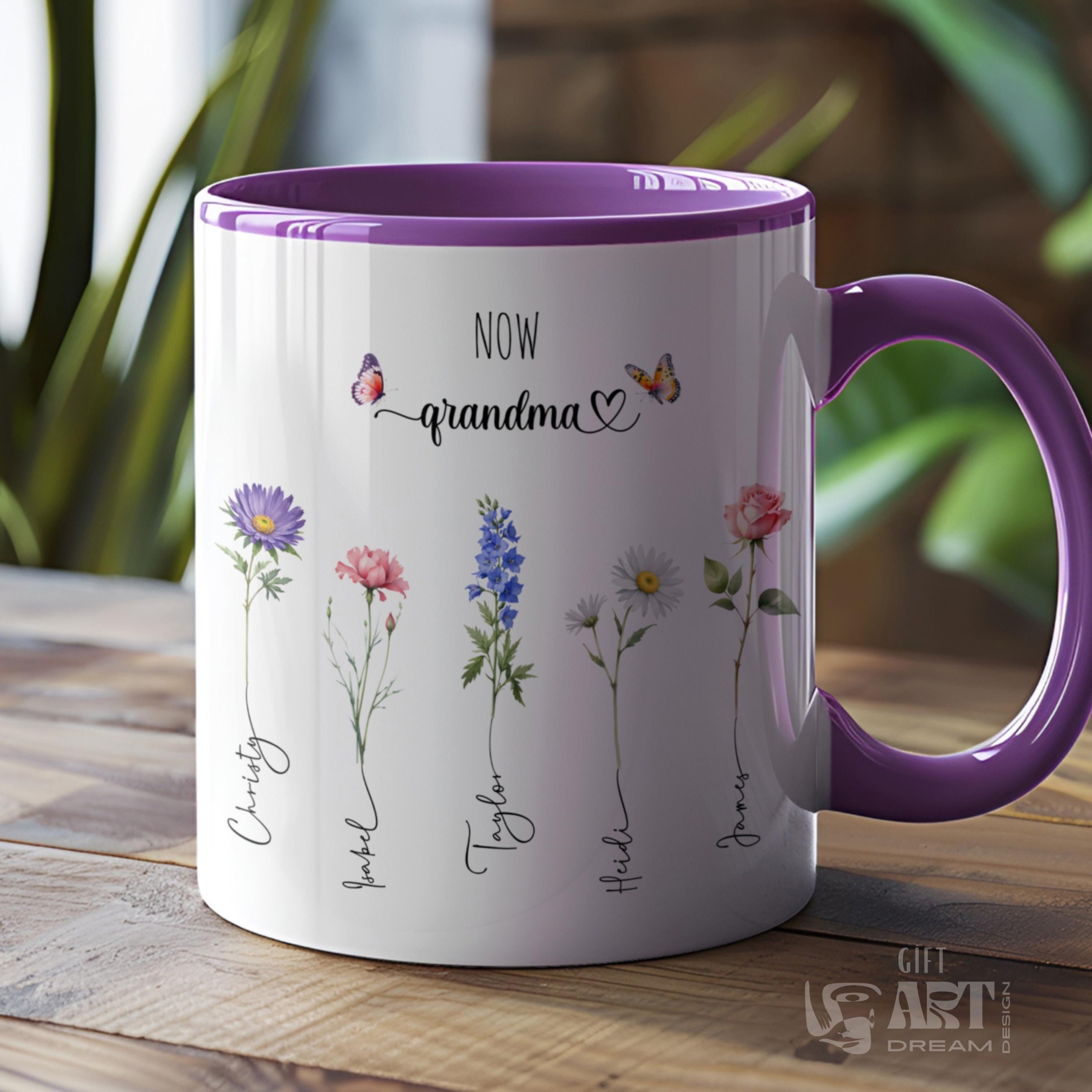 Mother's Day Mug, Custom Family Mug, Flower Mug with Name, Personalized Mug for Moms, Coffee Mug for Mother, 15 Oz Mom Mug