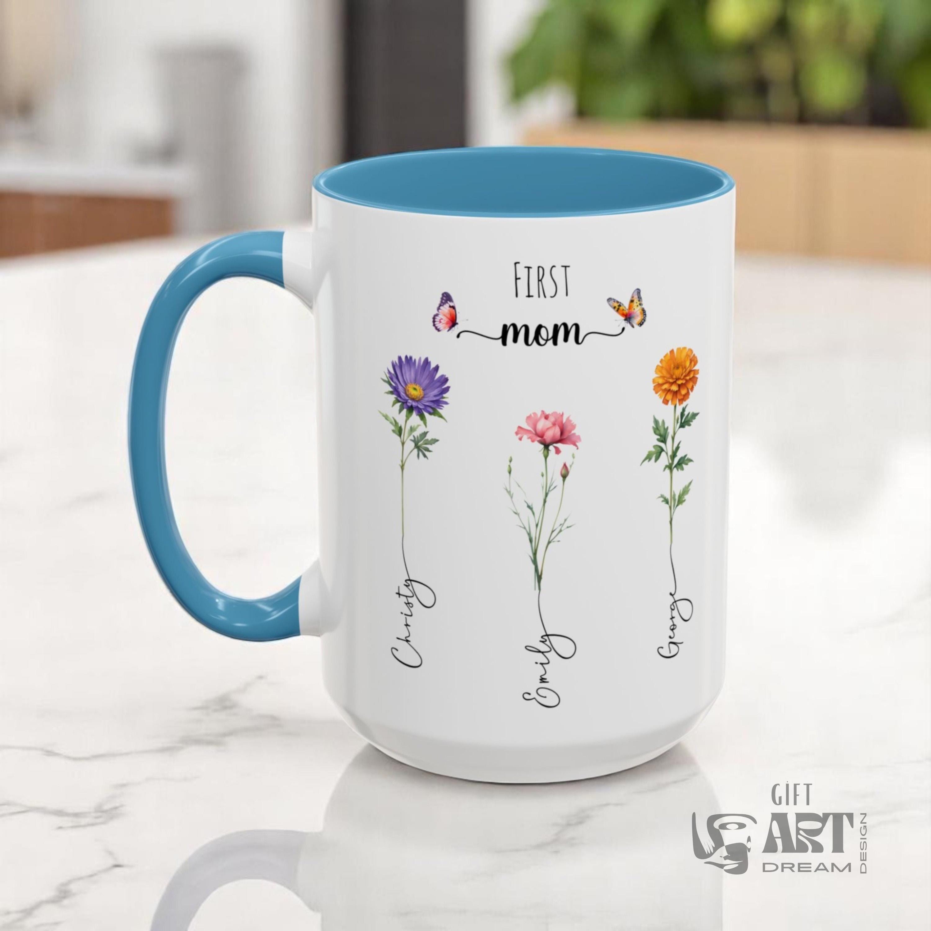 Mother's Day Mug, Custom Family Mug, Flower Mug with Name, Personalized Mug for Moms, Coffee Mug for Mother, 15 Oz Mom Mug
