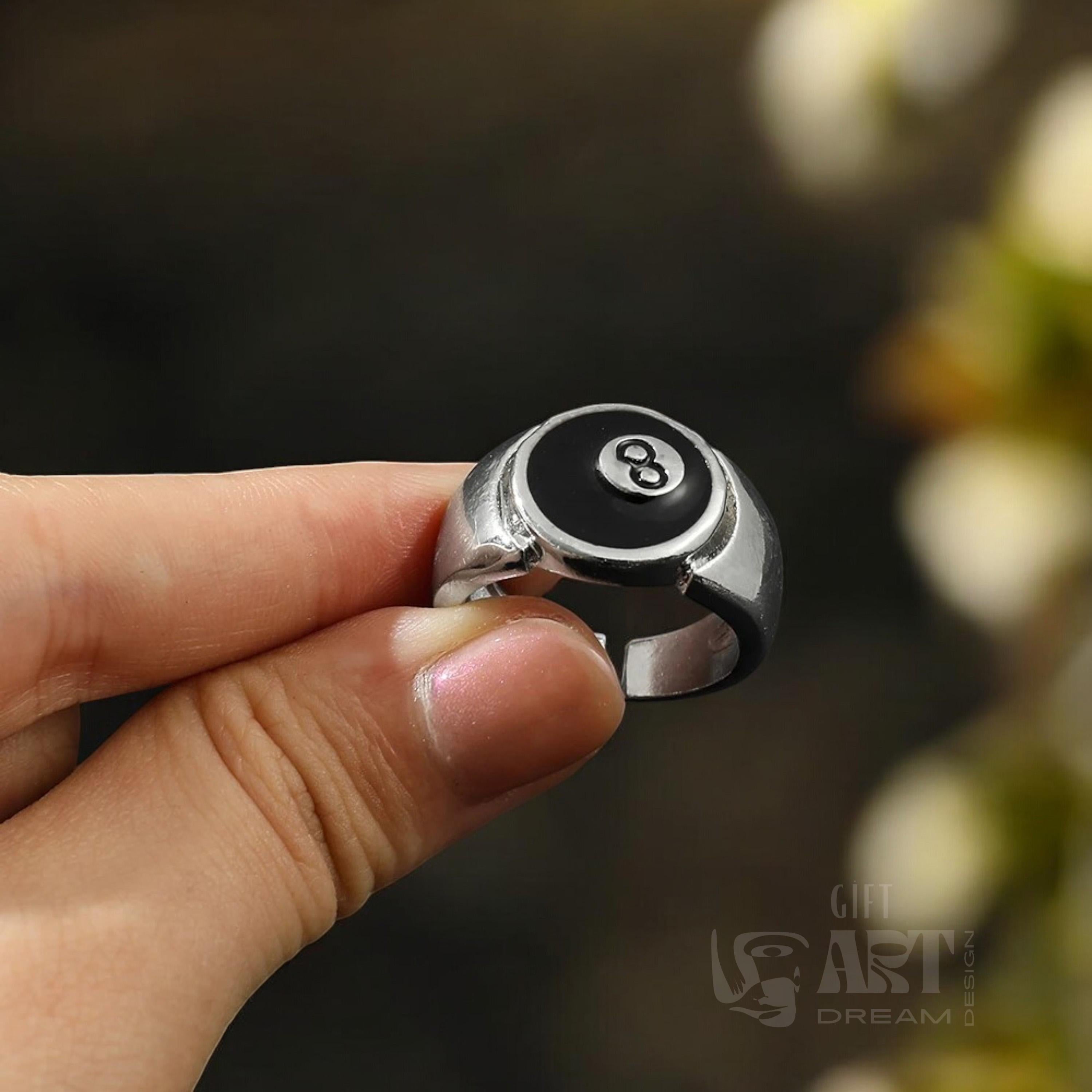 Lucky Silver 8 Ball Billiard Ring – Adjustable Unisex Snooker Ring, Lucky Eight Ball Jewelry for Men & Women