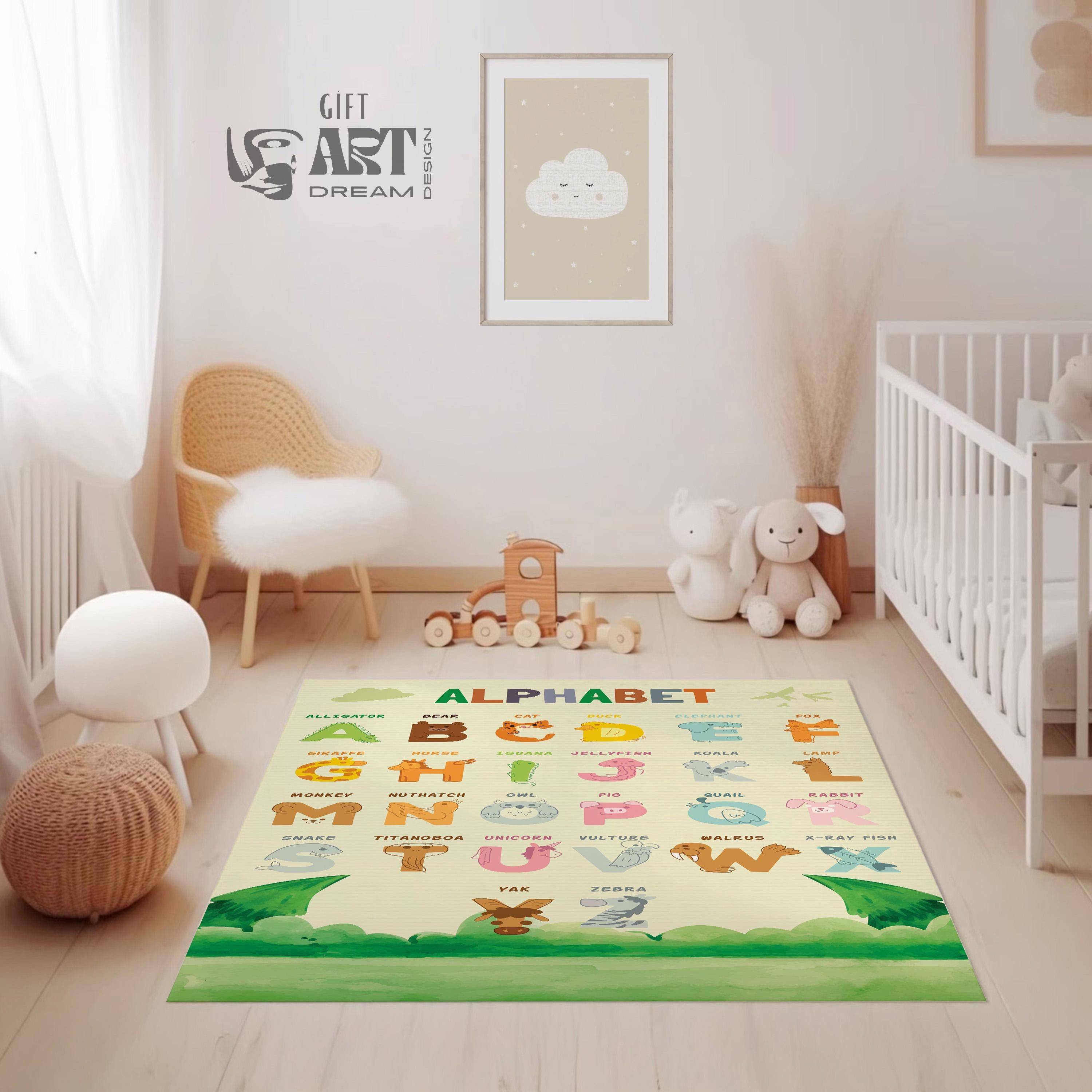 Educational Animal Alphabet Rug - Fun | Colorful Learning Mat for Kids Room, Soft & Durable, 3 Sizes Available